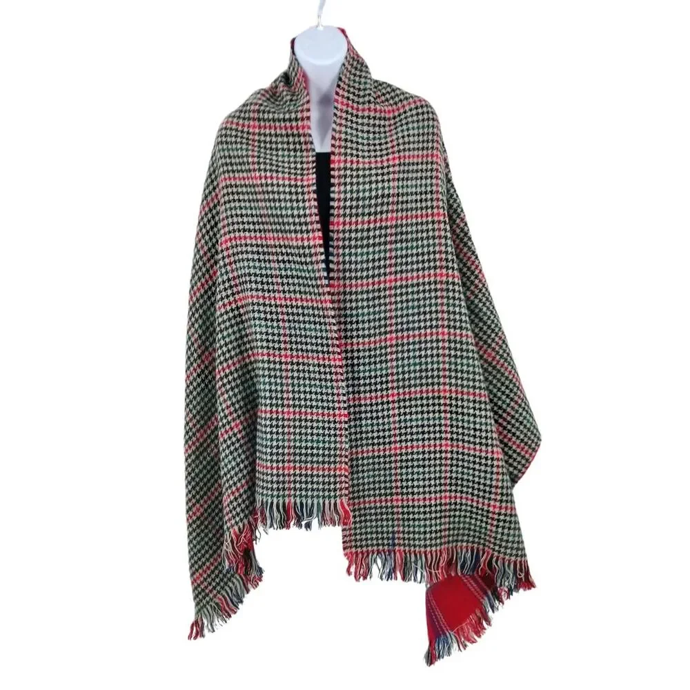 Reversible Plaid Houndstooth Blanket Scarf Fringe Trim Oversized Wrap Scarf